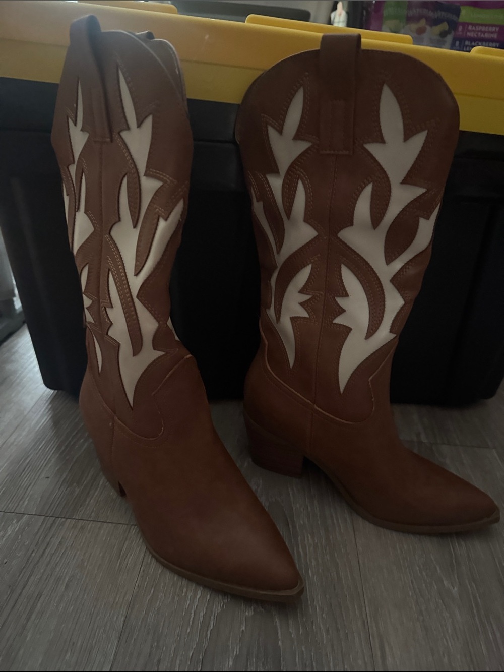 BAMBOO Brown Western-Inspired Mid-Calf Boots with Cream Insets